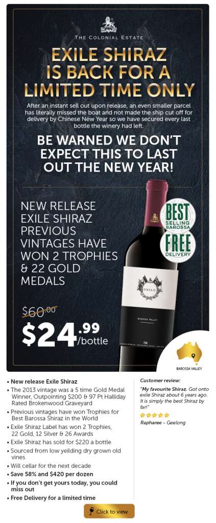 Small Allocation Don’t Miss The Boat. 2 Time Trophy, 22 Gold Barossa Brand Under Half Price