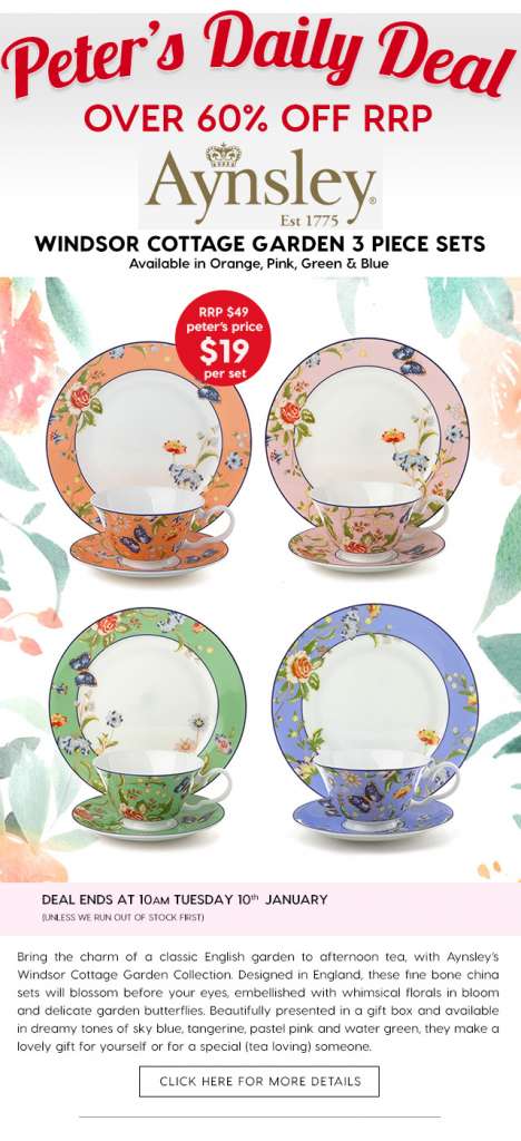 Over 60% off Aynsley’s Windsor Cottage Garden Tea Sets.