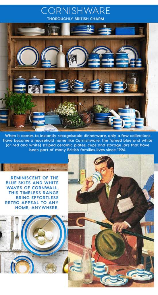 A great British dining experience begins with classic Cornishware dinnerware