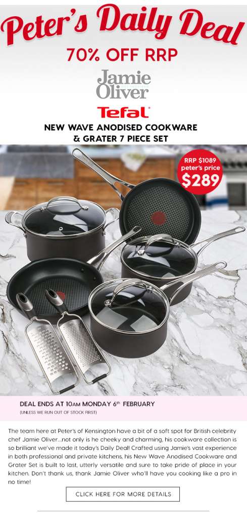 Over 70% off Jamie Oliver’s New Wave Anodised Cookware & Grater 7 Piece Set.