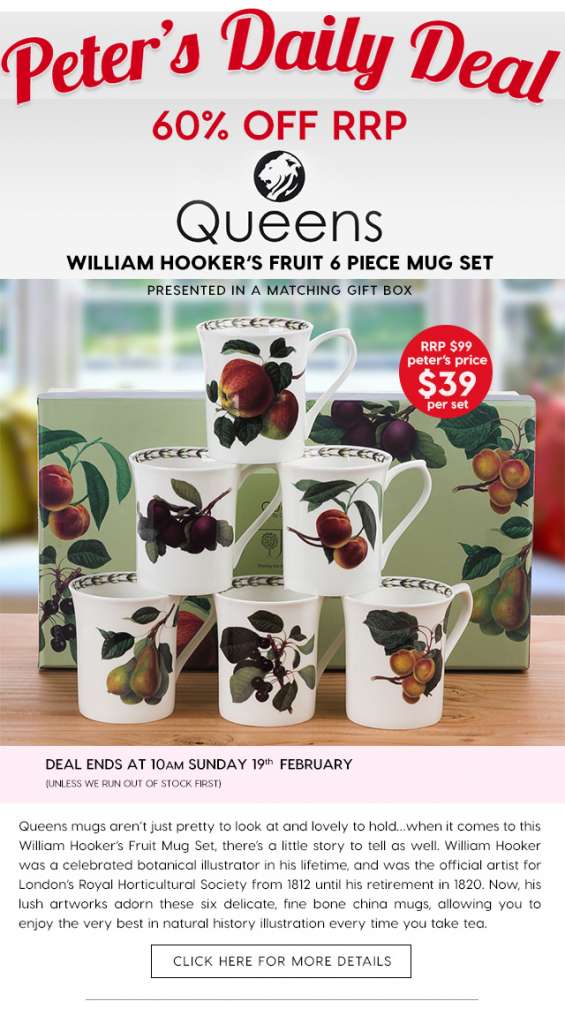 60% off Queens William Hooker’s Fruit 6 Piece Mug Set