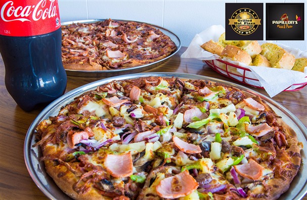 2 Large Pizzas, Garlic Bread & Drink – Just $15