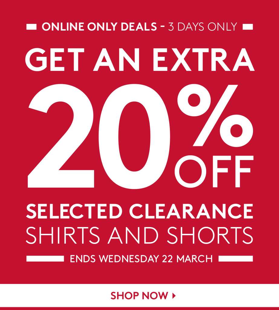 Take an extra 20% off clearance shirts and shorts, Hurry – offers end Wednesday