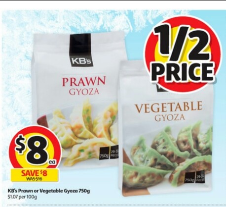 KB’s Prawn or Vegetable Gyoza 750g $8 (Was $17.60) @ Coles Starts 5/4