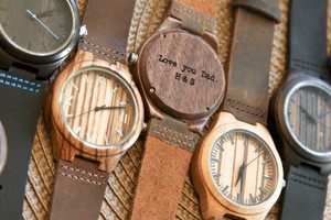 Custom Engraved Bamboo + Leather Watches