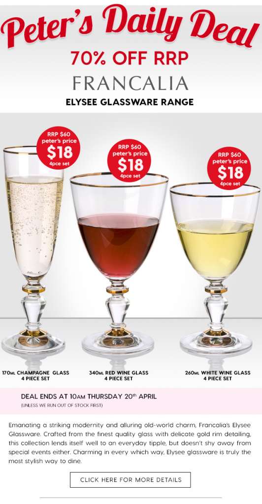 70% off Francalia’s Elysee Glassware range.