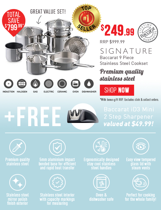 Baccarat Signature 9 Piece Stainless Steel Cookset + FREE Baccarat Sharpener $249.99