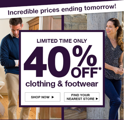 Ending soon! 40% off clothing & footwear.