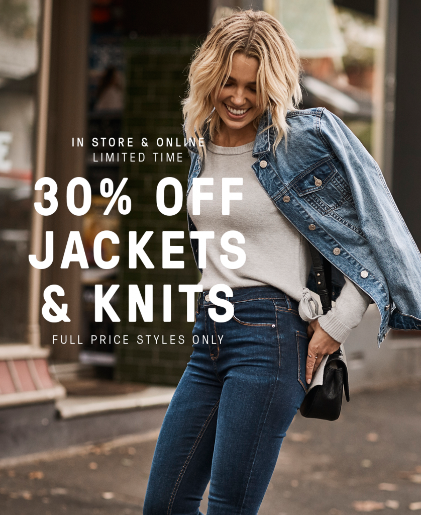 Top off your look with 30% off all full price jackets and knits