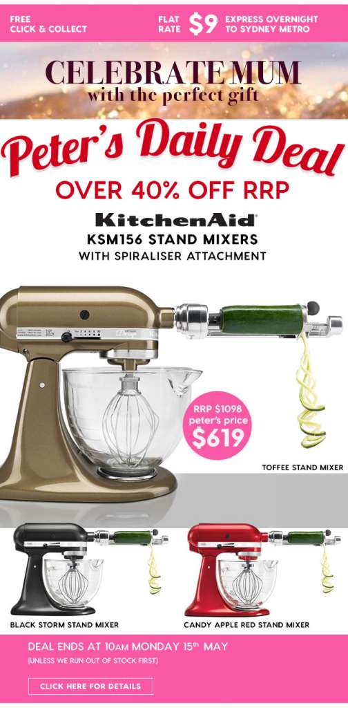 Over 40% off RRP – KitchenAid KSM156 Stand Mixers with Spiraliser Attachment. Peter’s Price $619