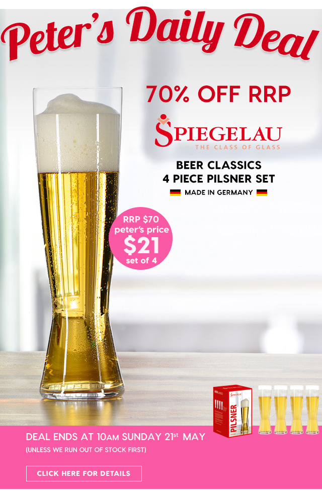 70% off RRP – Spiegelau Beer Classics 4 Piece Pilsner Set. Peter’s Price $21