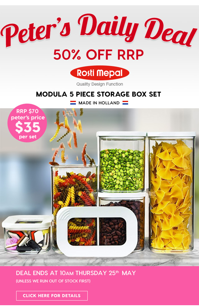 50% off RRP – Rosti Modula 5 Piece Storage Box Set. Peter’s Price $35