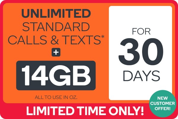 $4.90 for 14GB + Unlimited Standard National Calls/Text for 30 Days!