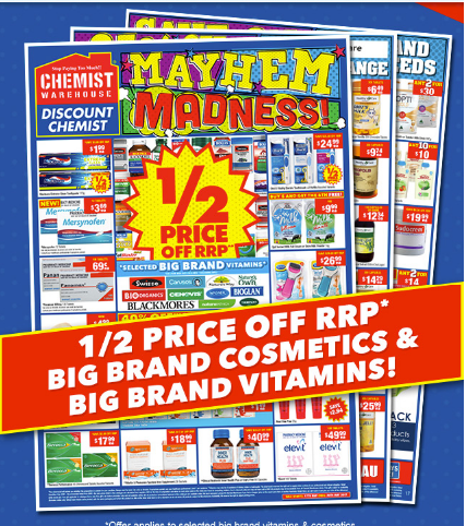 MAYHEM MADNESS – Starts Today! 1/2 Price Vitamins & Cosmetics!