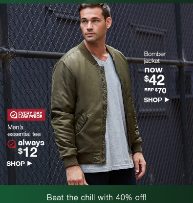 It’s on! 40% off men’s clothing & footwear