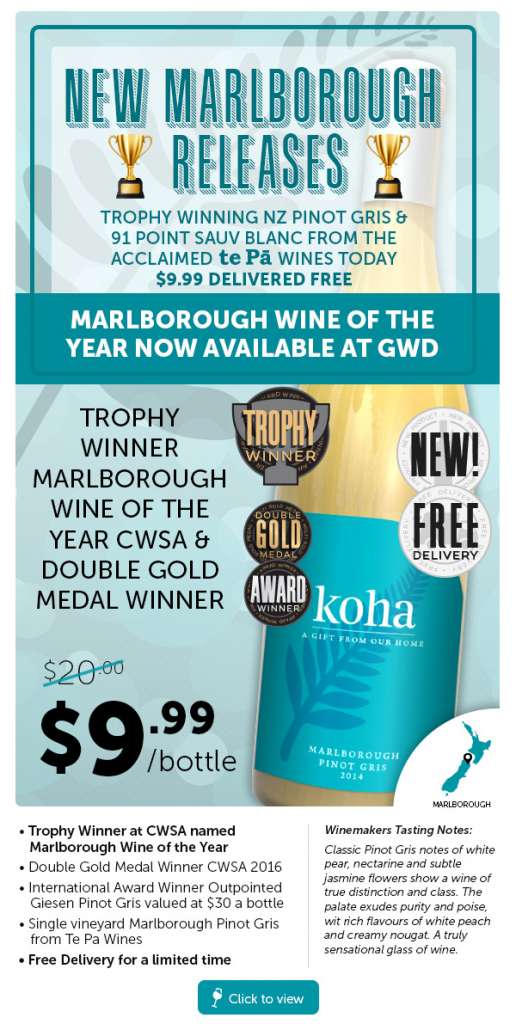 Marlborough Wine Of The Year Under $10. Trophy, Double Gold Pinot Gris & 91 Pt Sauv Blanc.