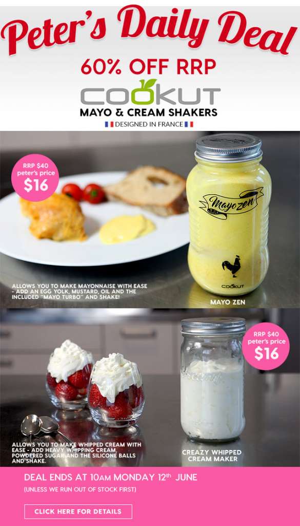 60% off RRP – Peter’s Price $16. Cookut Mayo & Cream shakers.