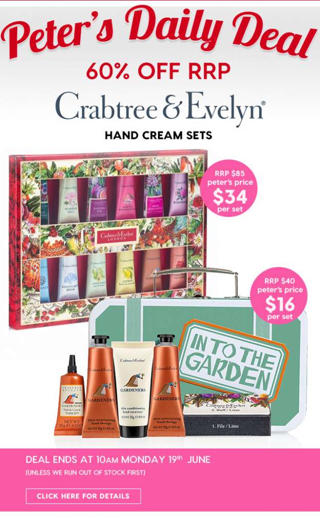 60% off RRP – Crabtree & Evelyn Hand Cream Sets. $34.00