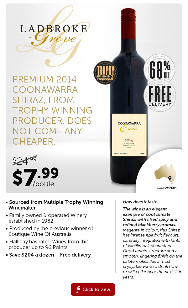 Under Wholesale 72% off $7.99 Prem Shiraz, Cabernet & Sav from Coonawarra.