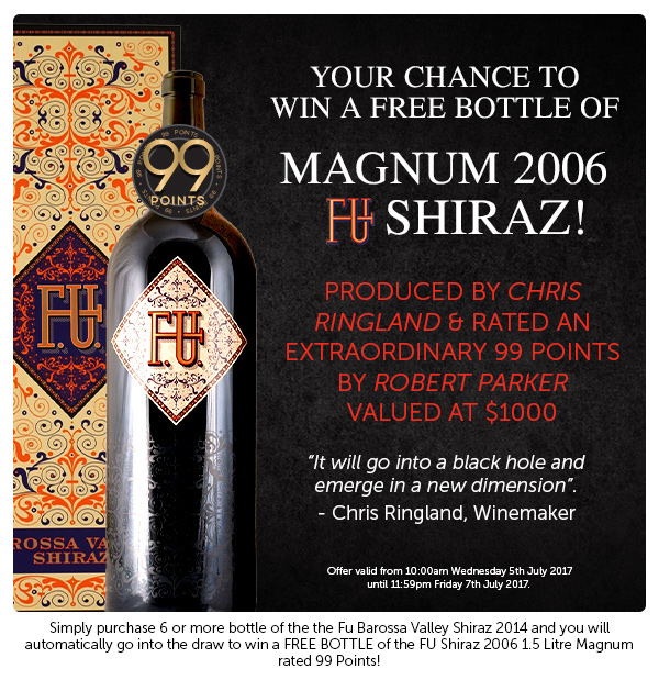 99 Point Parker Rated & Chris Ringland Produced FU Shiraz 06′ Magnum Giveaway. Valued At $1000.