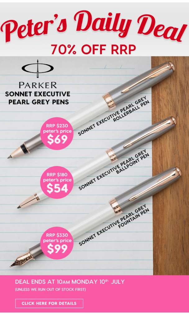 70% off RRP – Parker Sonnet Executive Pearl Grey Pens. Peter’s Price from $54.