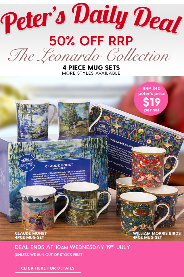 50% RRP – The Leonardo Collection Set of 4 Mugs. Peter’s Price $19