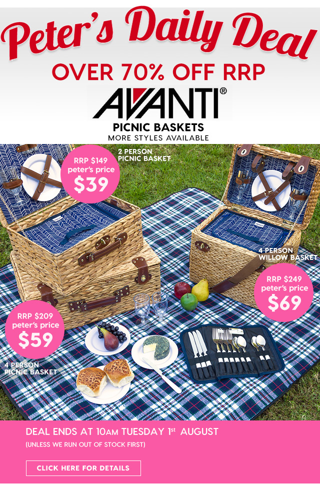 Over 70% off RRP – Avanti Picnic Baskets. Peter’s Price from $39