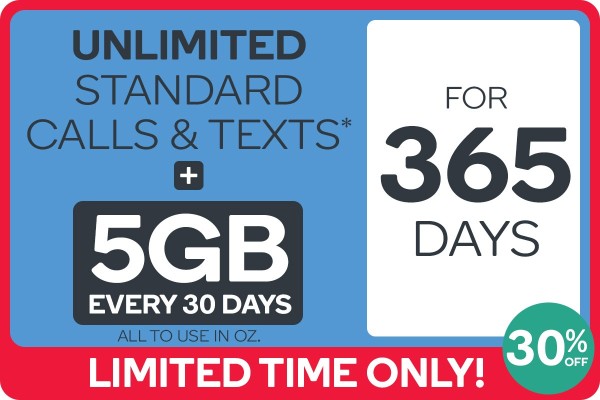 ENDING SOON: 5GB + Unlimited Standard National Calls/Text for $16.90! ==> per 30 days, when you prepay $205.58 for 365 day access