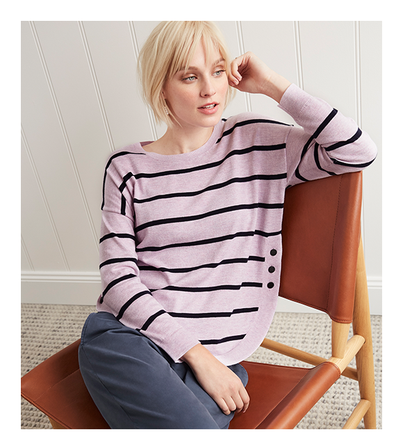Playful knits for the winter months | Button Stripe Curved Hem Pullover $79.95