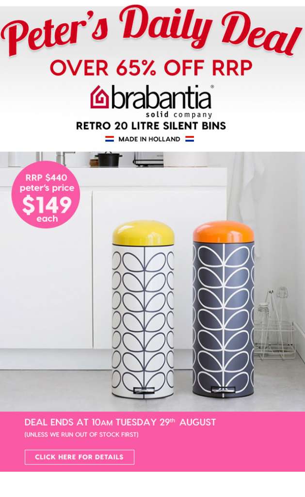 Over 65% off RRP – Brabantia Orla Kiely Retro 20 Litre Silent Bins. Peter’s Price $149