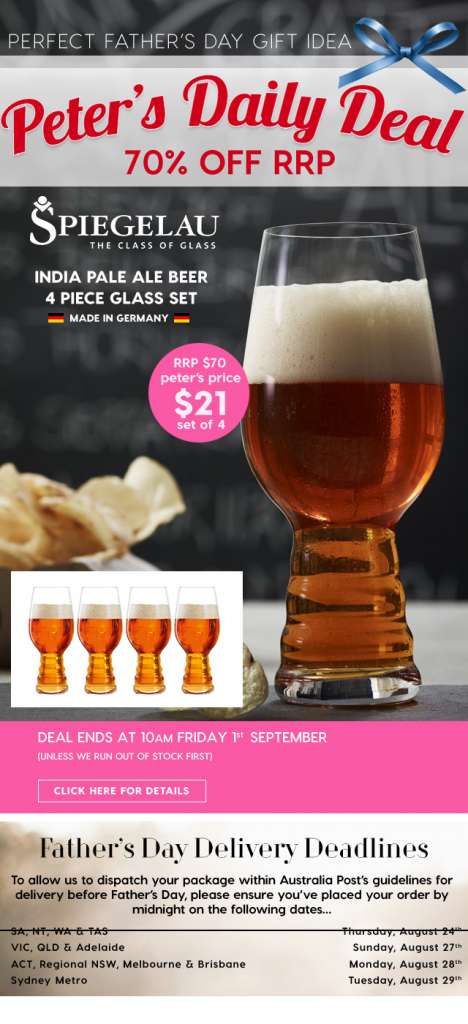 70% off RRP – Spiegelau 4 Piece Beer Glass Set. Peter’s Price $21