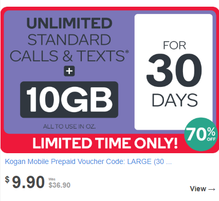 Kogan Mobile Prepaid Voucher Code: LARGE (30 Days | 10GB). Only $9.90 Save $27 (73%)