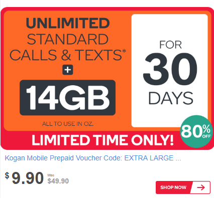 PRICE DROP: Kogan Mobile Prepaid Voucher Code: EXTRA LARGE (30 Days | 14GB). Only $9.90 Save $40 (80%)