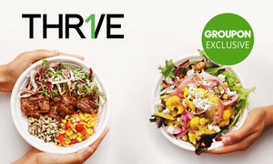 THR1VE signature lunch or breakfast bowl plus bottle of water for $9 – 10 restaurant locations (up to $18.50 value)