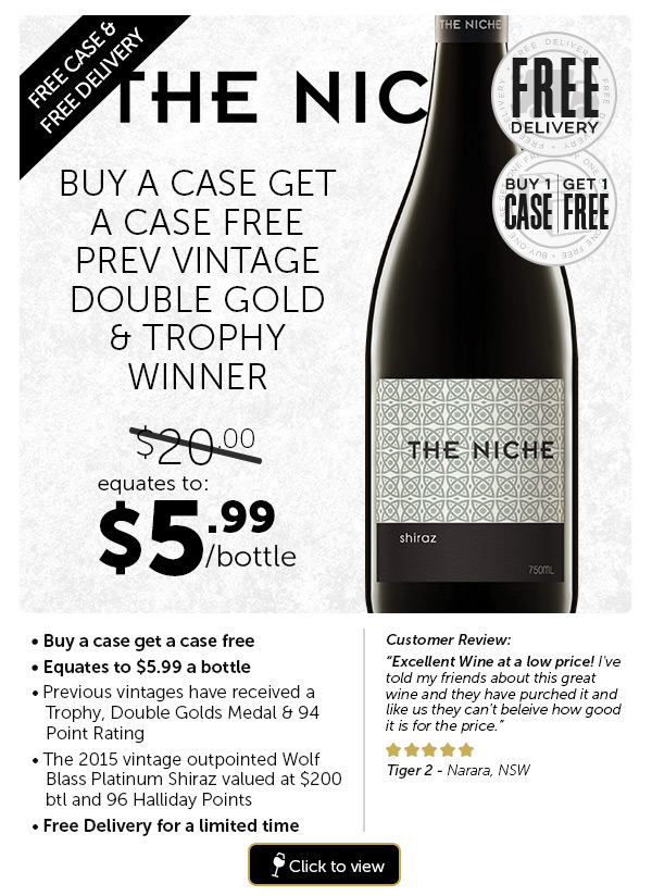 Niche Shiraz 2016 – BUY A CASE GET A CASE FREE, EQUATES TO $5.99 A BOTTLE