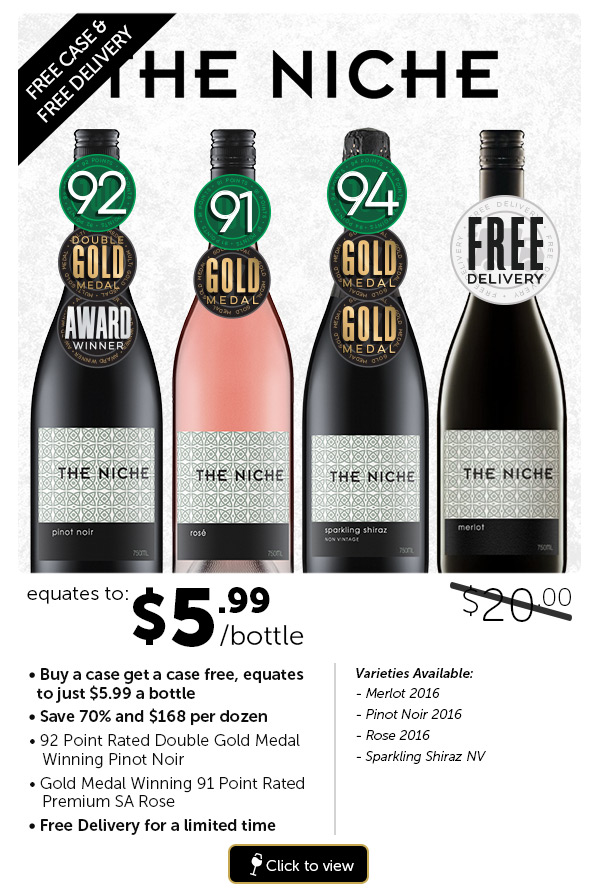 Niche Cabernet Sauvignon 2015 – DOUBLE GOLD MEDAL & 91 POINT RATED BUY A CASE GET A CASE EQUATES TO $5.99 BTL