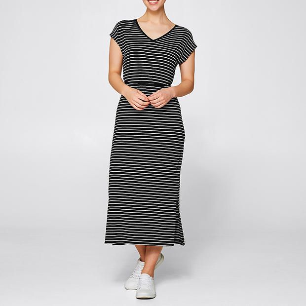 V-Neck Jersey Maxi Dress – Black Stripe ONLY $25