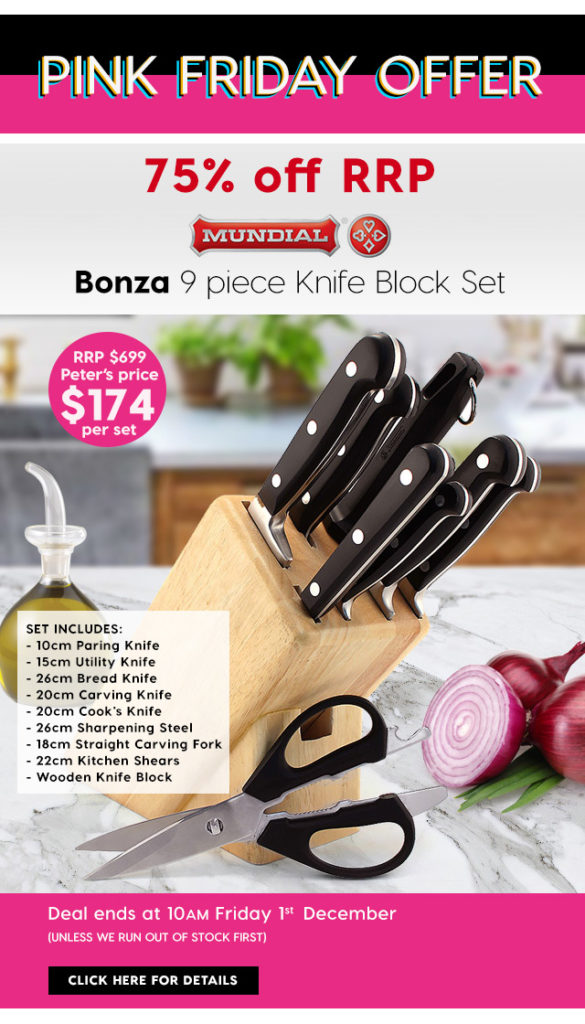 Pink Friday Offer – 75% off RRP Mundial Bonza 9 piece Knife Block Set for $174