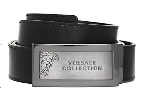 Mens Christmas Gifting UP TO 75% OFF | Versace Collection: Collection Logo Brushed Plaque Leather Belt Black