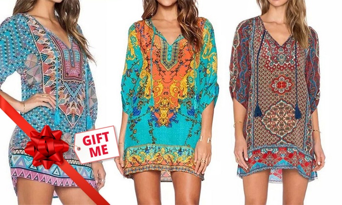 Front Tie Boho Printed Mini Dress: One ($14) or Two ($24)