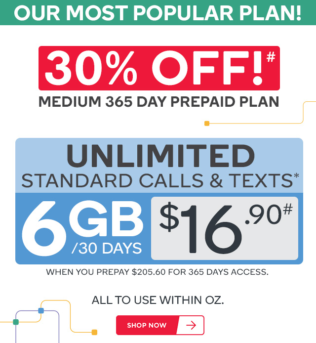 6GB + Unlimited Calls/Texts* NOW $16.90 per 30 Days on a 365 Day Plan