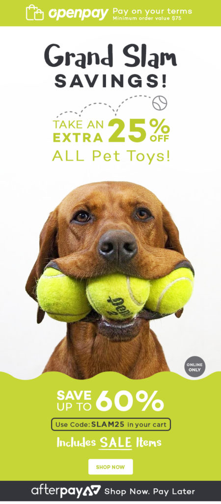 ? Grand Slam Savings! ? An EXTRA 25% off all pet toys!