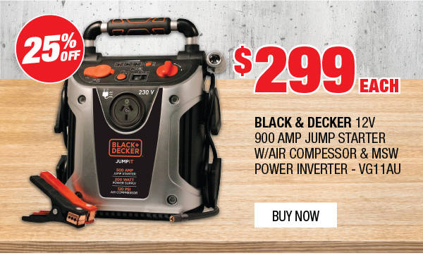 Black & Decker 12V 900 Amp Jump Starter W/Air Compessor & MSW Power Inverter – VG11AU Now $299.00 each (Was $411.00 each)