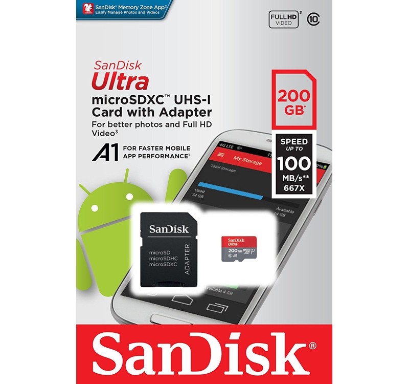 Sandisk Ultra 200GB Micro SDXC UHS-I Card with Adapter Ultra A1 Class 10 100MB/s $99.00