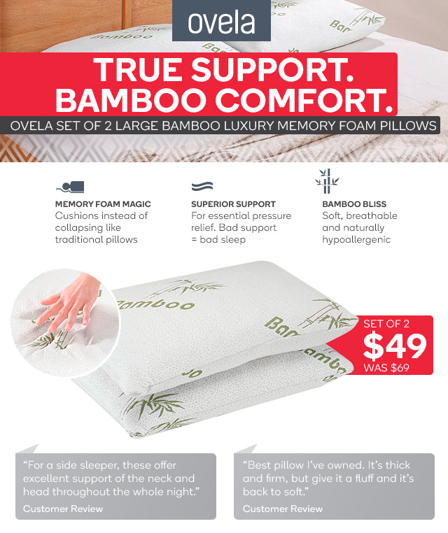 Ovela Set of 2 Bamboo Luxury Memory Foam Pillows (Large) now $49 + FREE SHIPPING (Was $69)