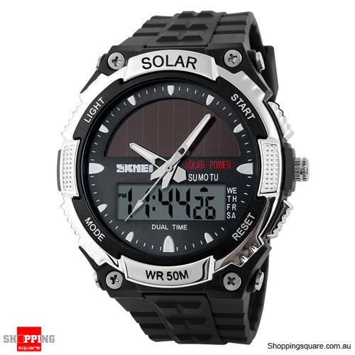 SKMEI Solar Power Dual Time Waterproof LED Analog Digital Watch Silver Colour $7.98 (Was: $15.95)