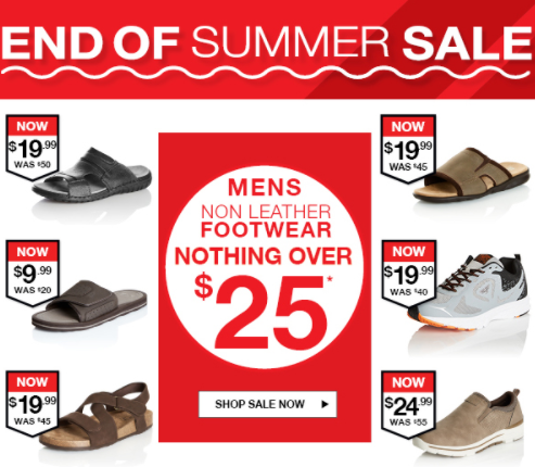 Sale on now! Nothing over $25 on men’s footwear.