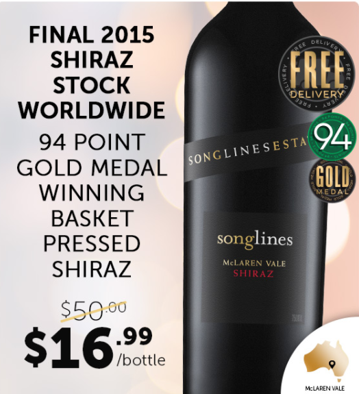 THIS WILL SELL OUT! 2015 Basket Pressed McLaren Vale Shiraz. 94 Points & Gold Medal Winner. ONLY $16.99 ea