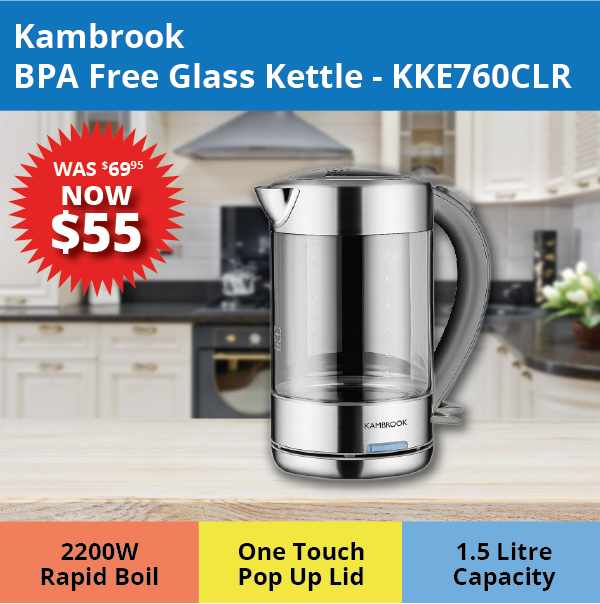 Kambrook 1.5L BPA Free Glass Kettle – KKE760CLR $55.00