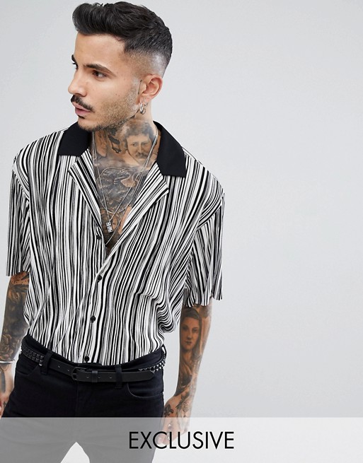 Reclaimed Vintage Inspired Revere Shirt With Short Sleeves In Black Stripe Reg Fit $80.00